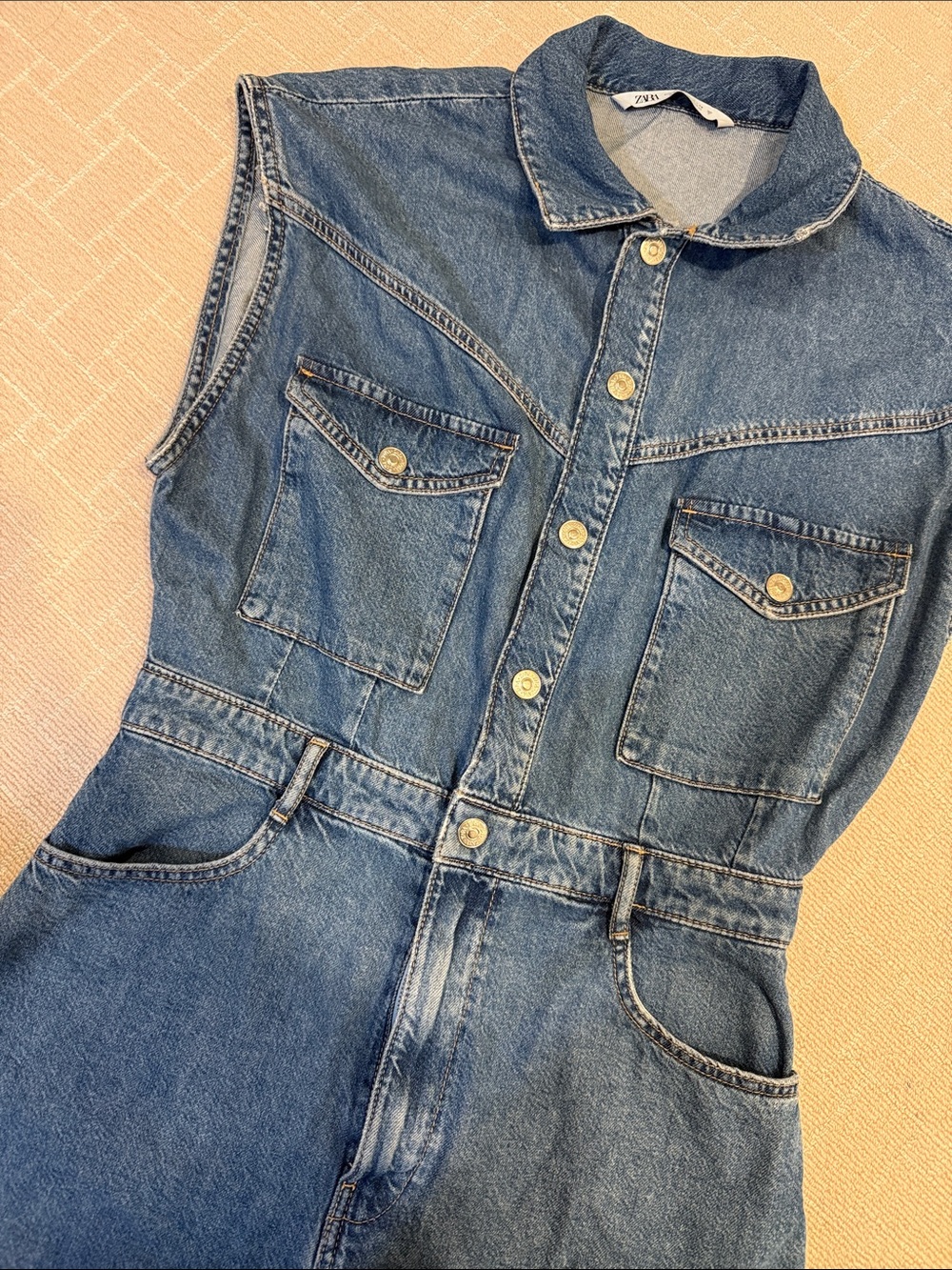 Zara Denim Cap Sleeve Romper - Medium Wash Blue - Picture 2 of 4